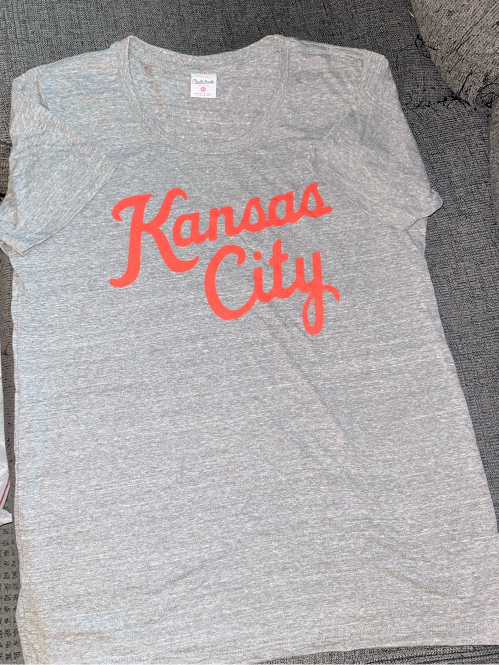 Kansas City Gray Muscle Tee with Coral Script